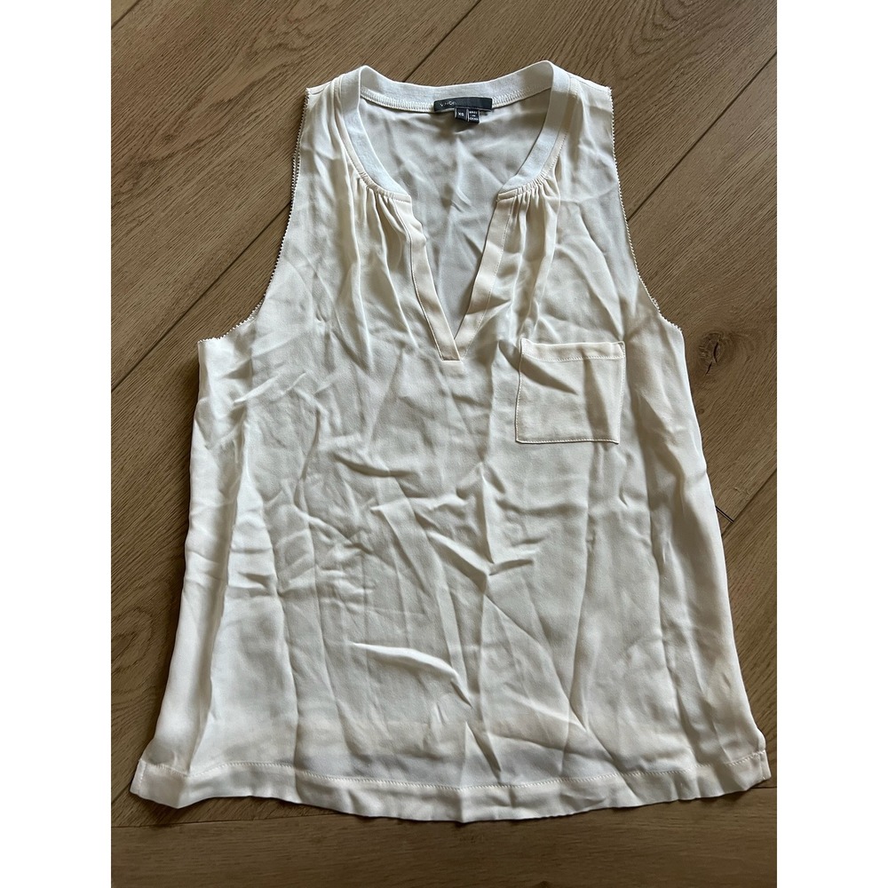 Vince Women's Sleeveless Blouse XS Cream Top Pocket V-Neck‎ Casual